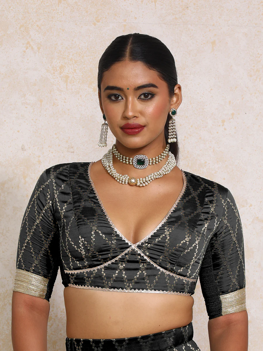 Rivya x Tyohaar | Elbow Sleeves Cosmic Black Vine Mesh Brocade Saree Blouse - Image 6