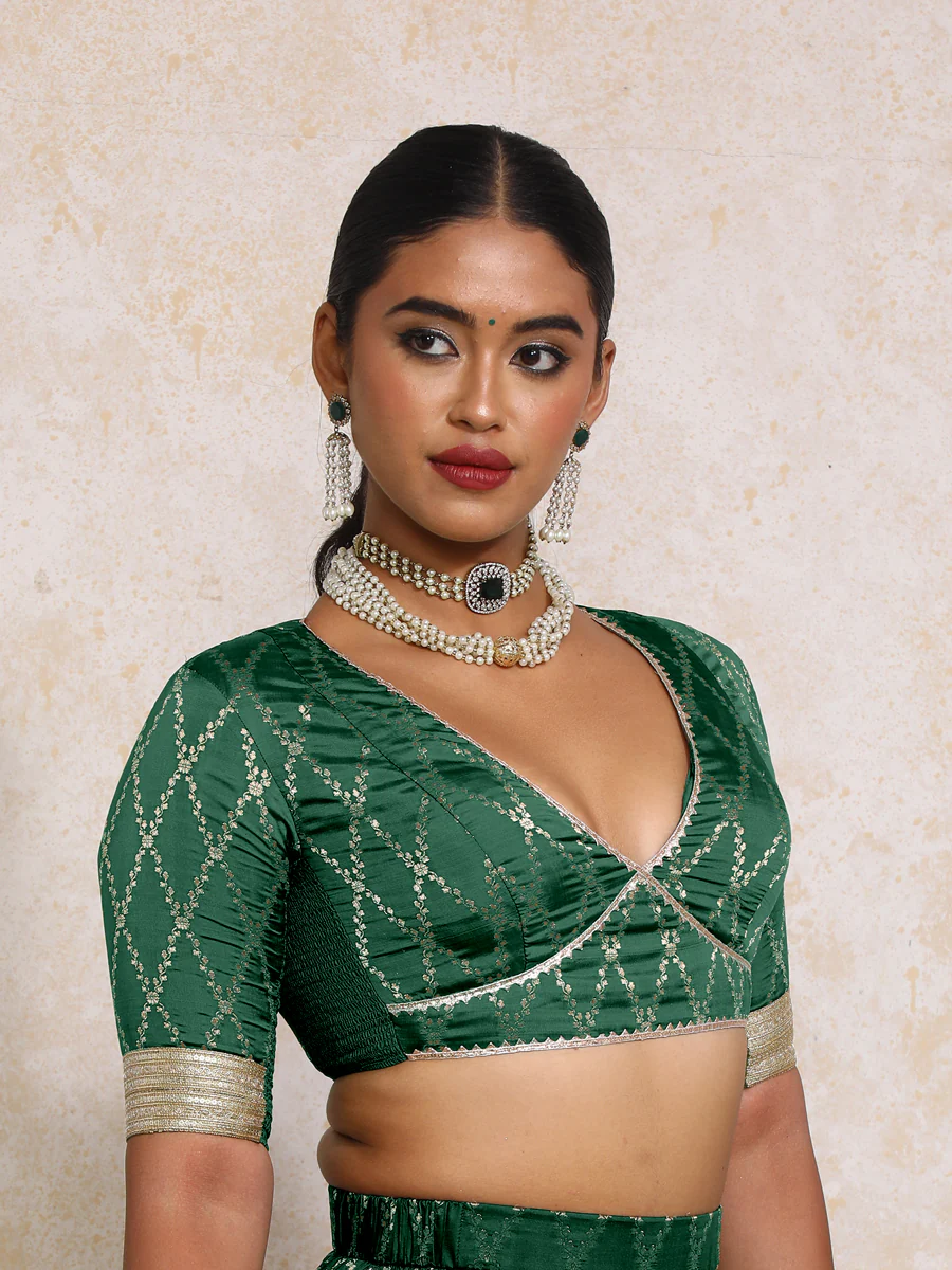 Rivya x Tyohaar | Elbow Sleeves Dark Green Vine Mesh Brocade Saree Blouse - Image 6