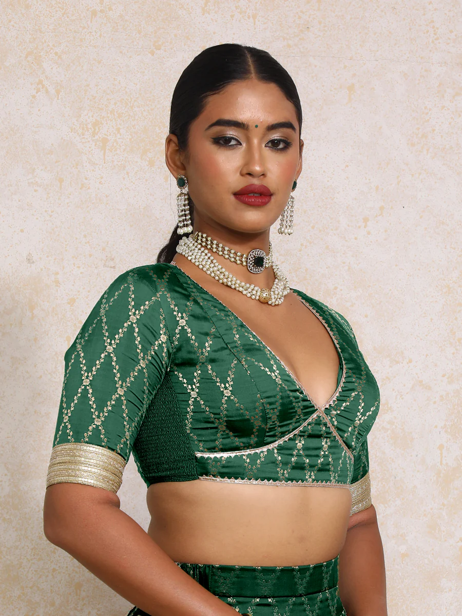 Rivya x Tyohaar | Elbow Sleeves Dark Green Vine Mesh Brocade Saree Blouse - Image 7