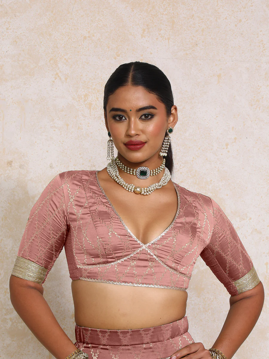 Rivya x Tyohaar | Elbow Sleeves Dusky Mauve Vine Mesh Brocade Saree Blouse - Image 5