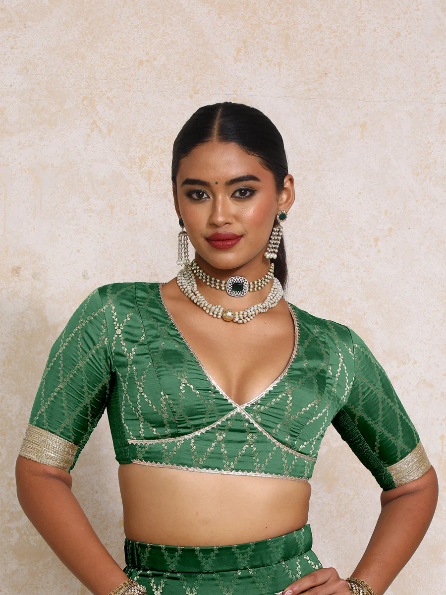 Rivya x Tyohaar | Elbow Sleeves Emerald Green Vine Mesh Brocade Saree Blouse - Image 5