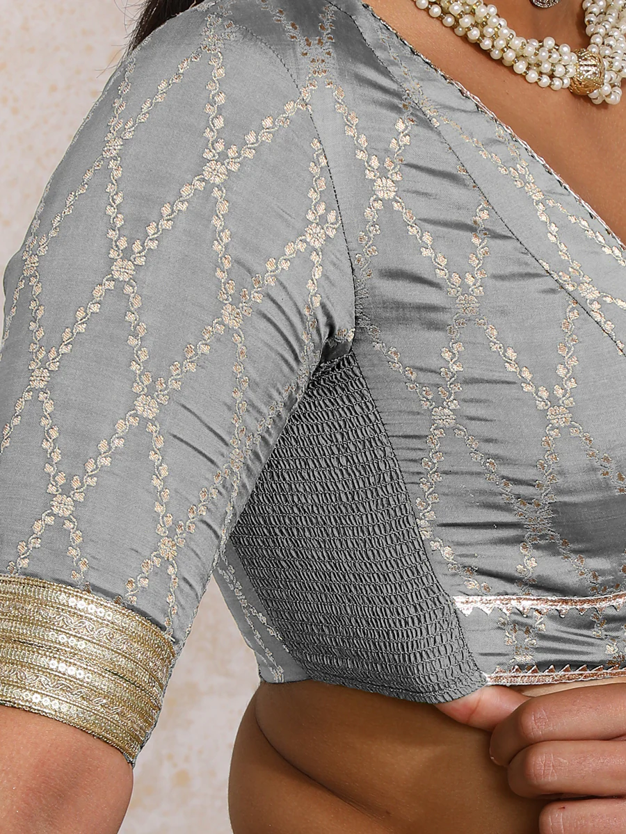 Rivya x Tyohaar | Elbow Sleeves Gilded Grey Vine Mesh Brocade Saree Blouse - Image 3