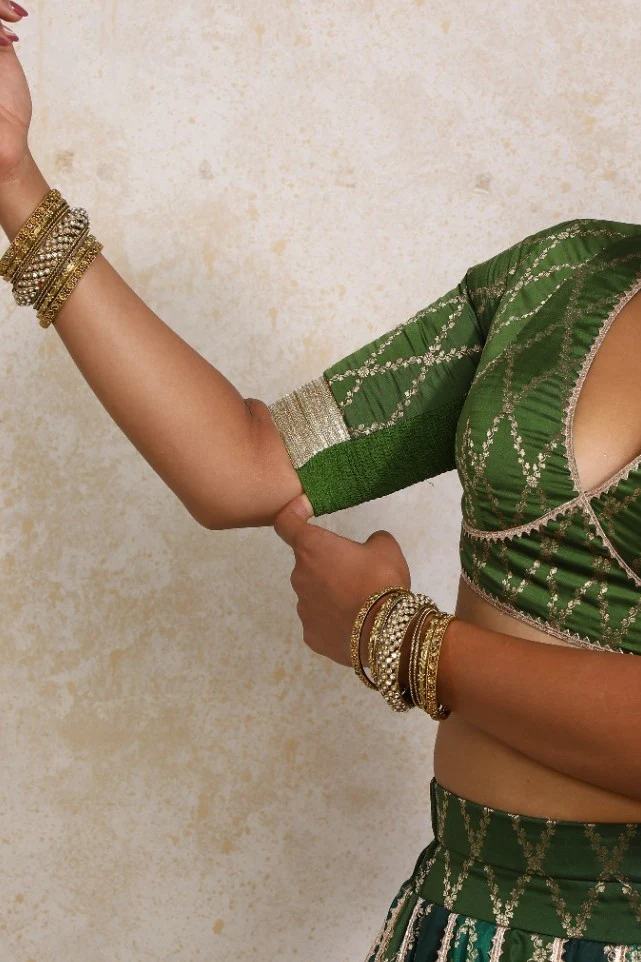 Rivya x Tyohaar | Elbow Sleeves Deep Olive Vine Mesh Brocade Saree Blouse - Image 4
