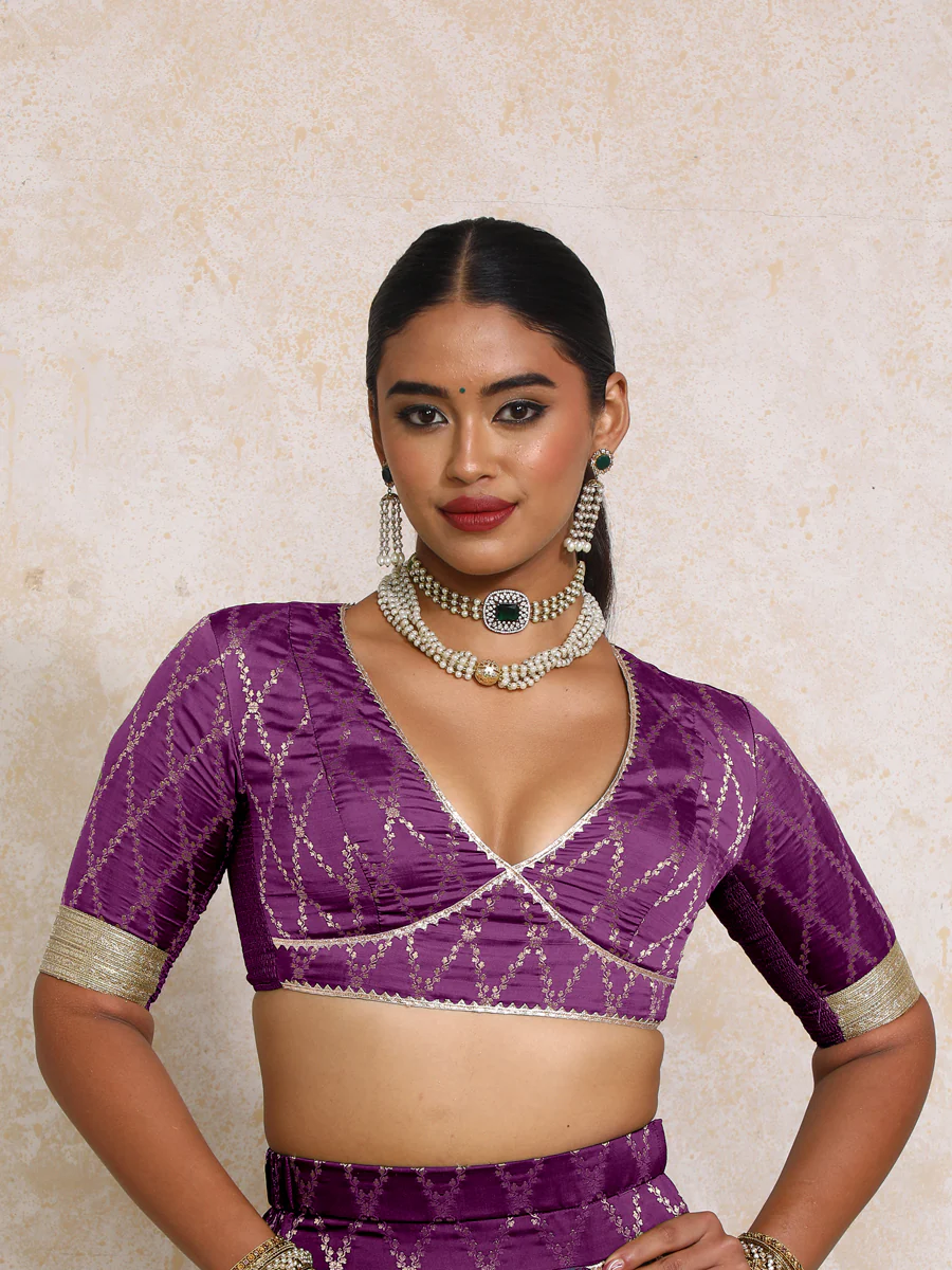Rivya x Tyohaar | Elbow Sleeves Orchid Plum Vine Mesh Brocade Saree Blouse - Image 5