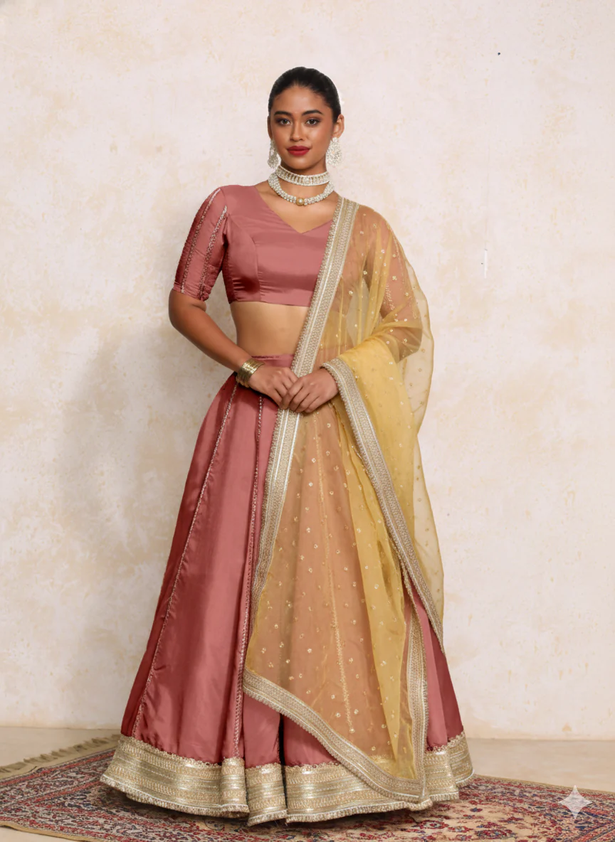 Ruhani x Tyohaar | Marsala Gold Tissue FlareFit™ Lehenga Set with Dupatta - Image 10