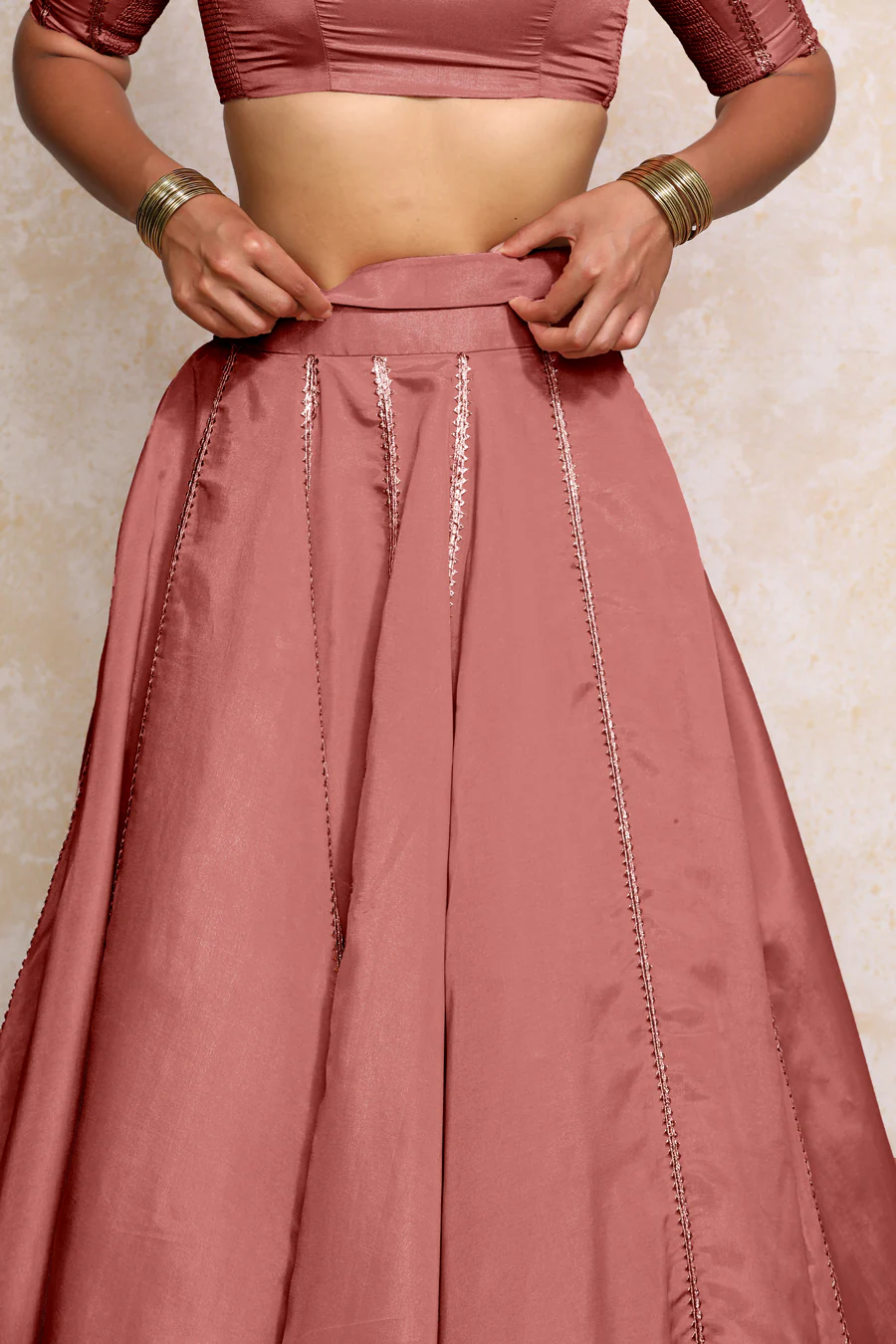 Ruhani x Tyohaar | Marsala Gold Tissue FlareFit™ Lehenga Set with Dupatta - Image 3