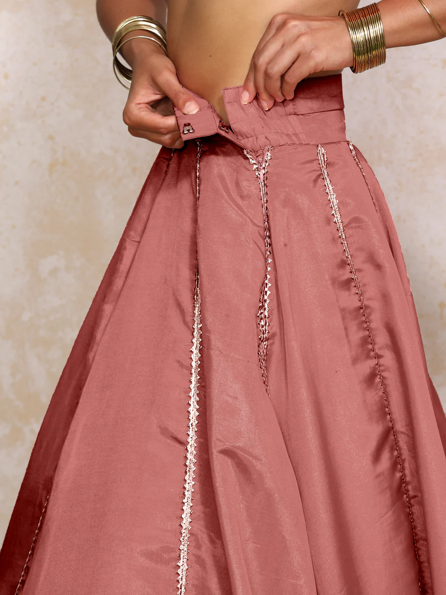 Ruhani x Tyohaar | Marsala Gold Tissue FlareFit™ Lehenga Set with Dupatta - Image 4