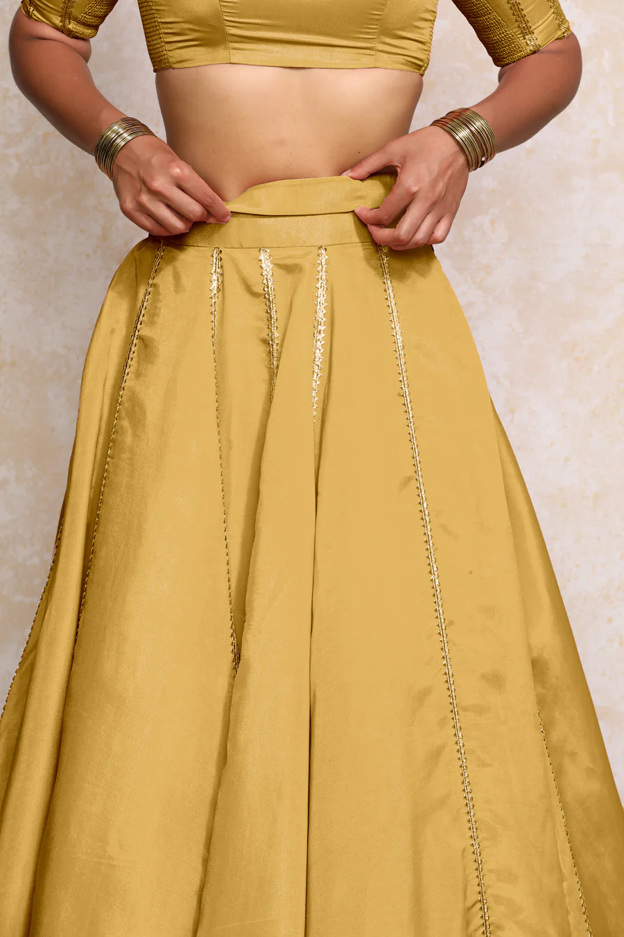 Ruhani x Tyohaar | Mustard Gold Tissue FlareFit™ Lehenga Set with Dupatta - Image 3