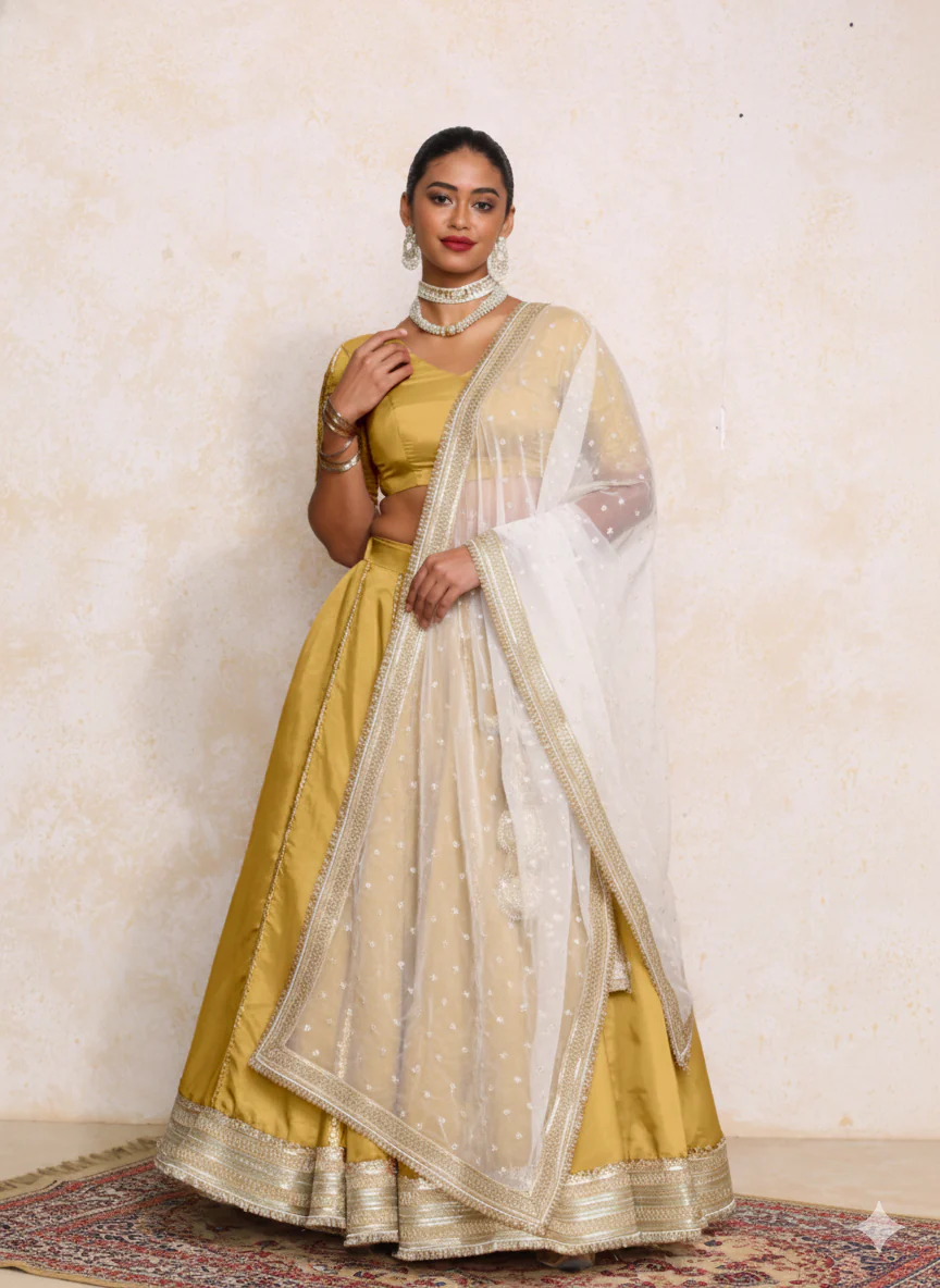 Ruhani x Tyohaar | Mustard Gold Tissue FlareFit™ Lehenga Set with Dupatta - Image 9
