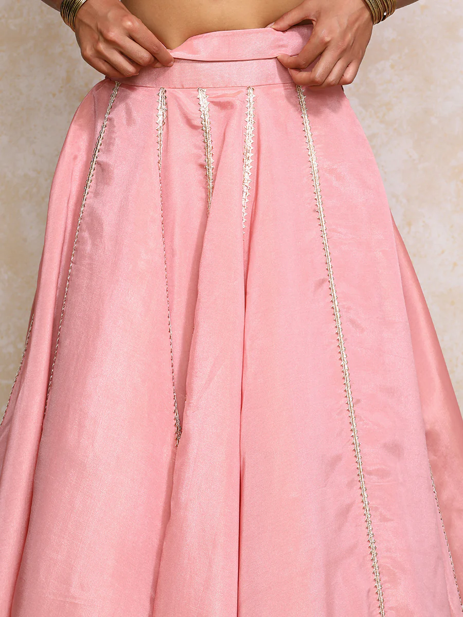 Ruhani x Tyohaar | Soft Pink Gold Tissue FlareFit™ Lehenga Set with Dupatta - Image 3