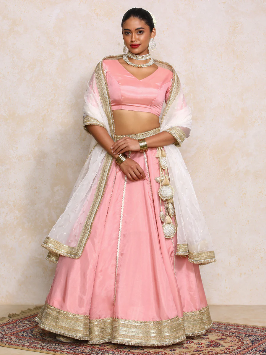 Ruhani x Tyohaar | Soft Pink Gold Tissue FlareFit™ Lehenga Set with Dupatta - Image 9