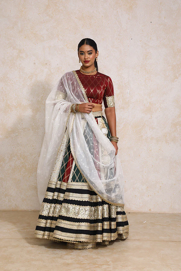 Ruksar x Tyohaar | Maroon & Black Vine Mesh Brocade FlareFit™ Lehenga Set with Dupatta - Image 20