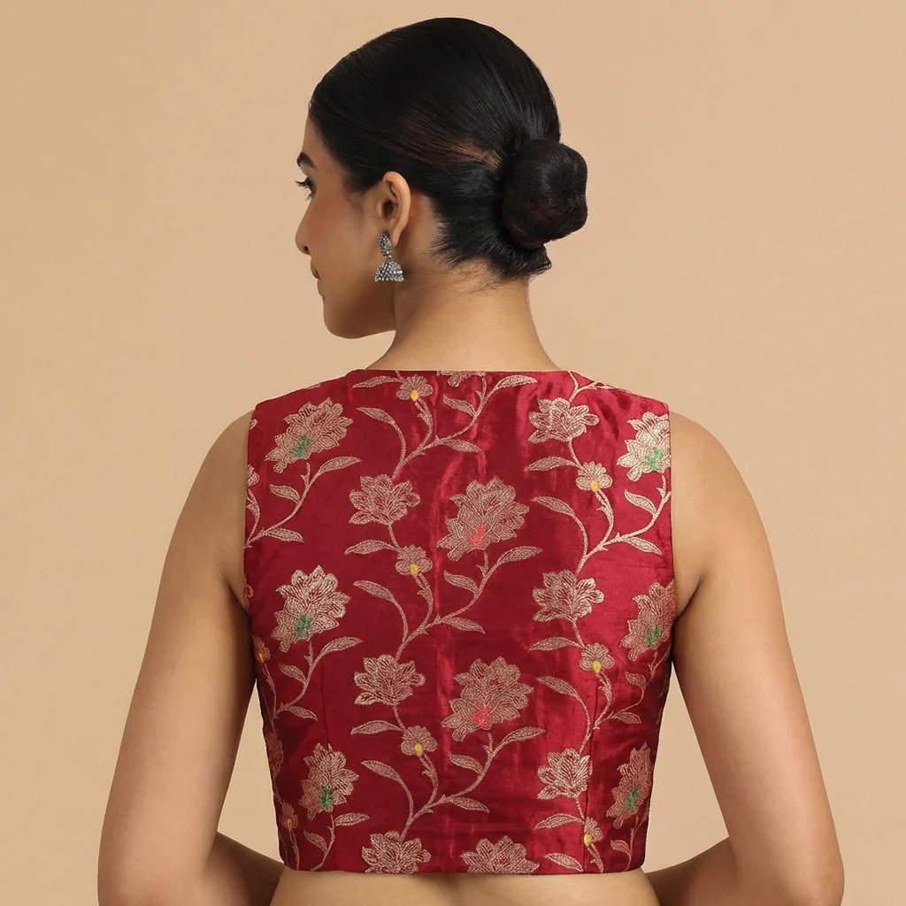 Rupali x Tyohaar | Sleeveless Red Meenakari Saree Blouse - Image 5