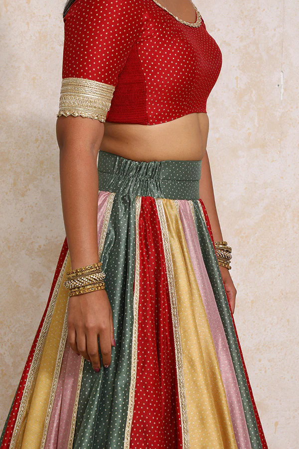 Saanjh x Tyohaar | Multi-colour Foil Chandheri FlareFit™ Lehenga Set with Dupatta - Image 21