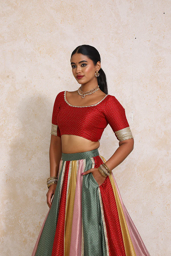 Saanjh x Tyohaar | Multi-colour Foil Chandheri FlareFit™ Lehenga Set with Dupatta - Image 9