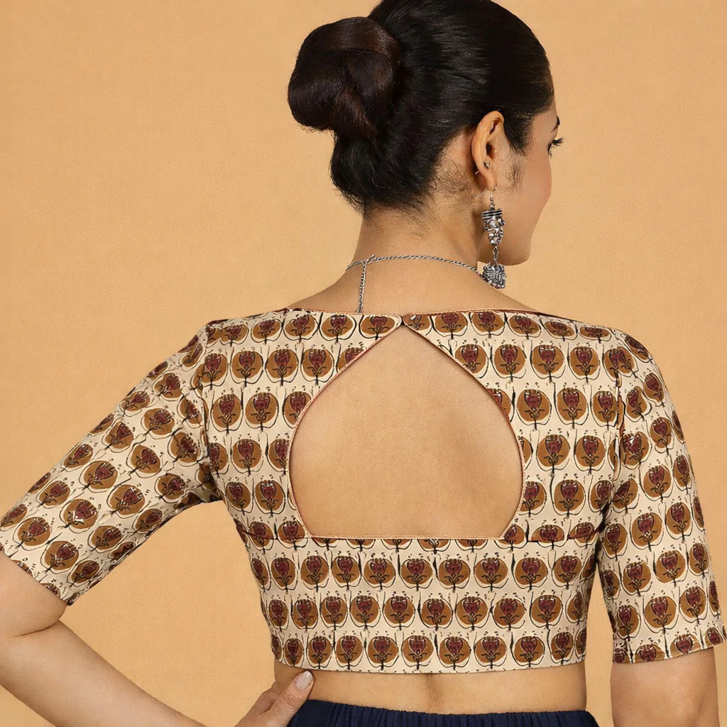 Saaya x Rozaana | Cream Floral Block Print Cotton Saree Blouse - Image 2
