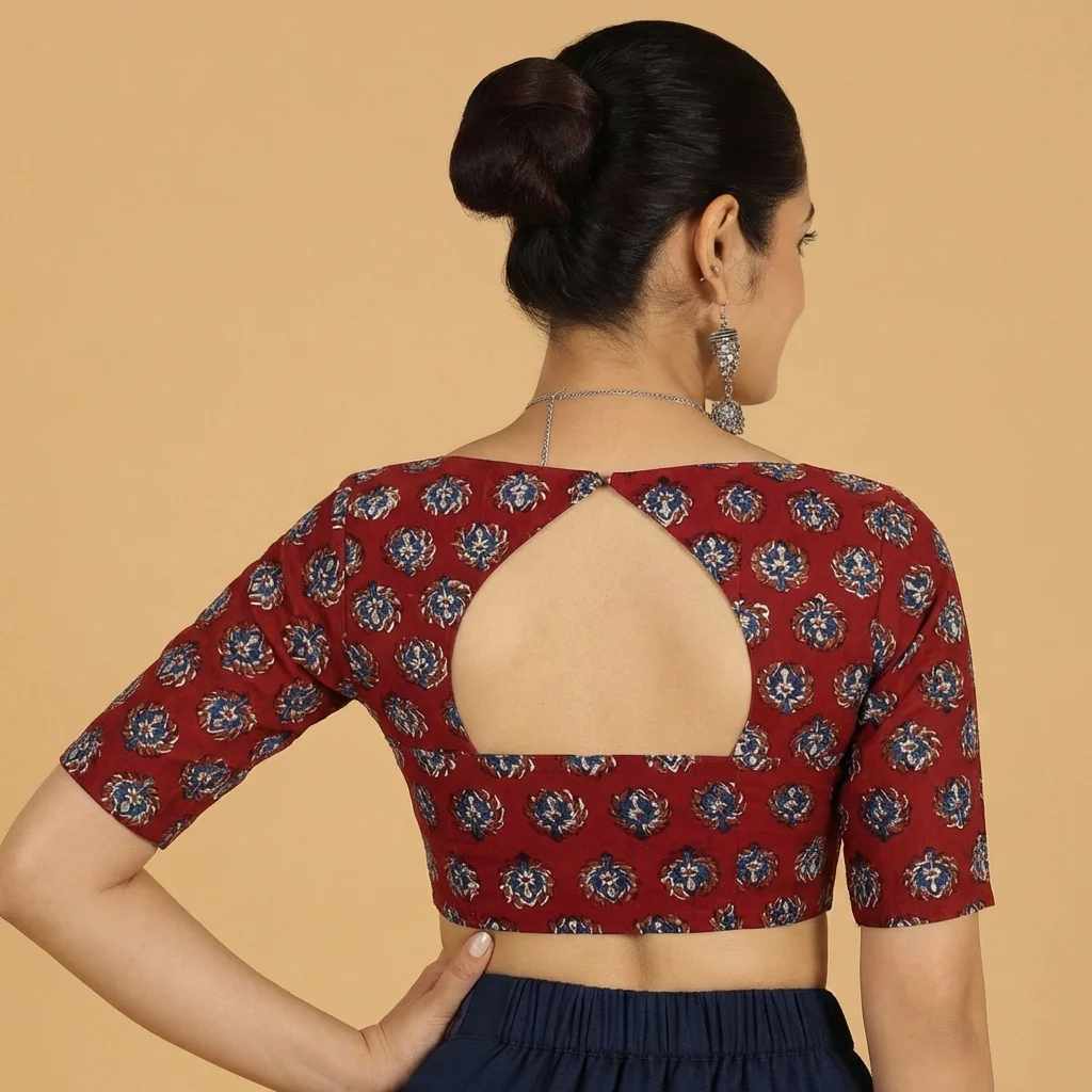 Saaya x Rozaana | Crimson Field Block Print Cotton Saree Blouse - Image 2