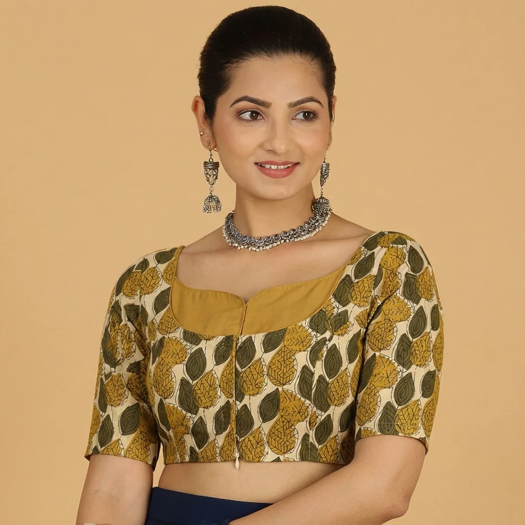 Saaya x Rozaana | Olive Foliage Block Print Cotton Saree Blouse