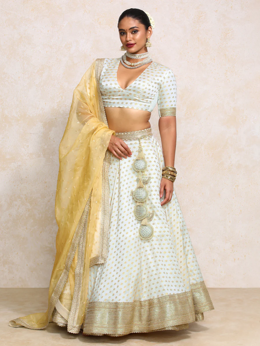 Saniya x Tyohaar | Cream Satin Viscose Butta FlareFit™ Lehenga Set with Dupatta - Image 16