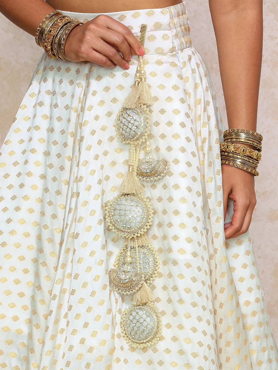 Saniya x Tyohaar | Cream Satin Viscose Butta FlareFit™ Lehenga Set with Dupatta - Image 3