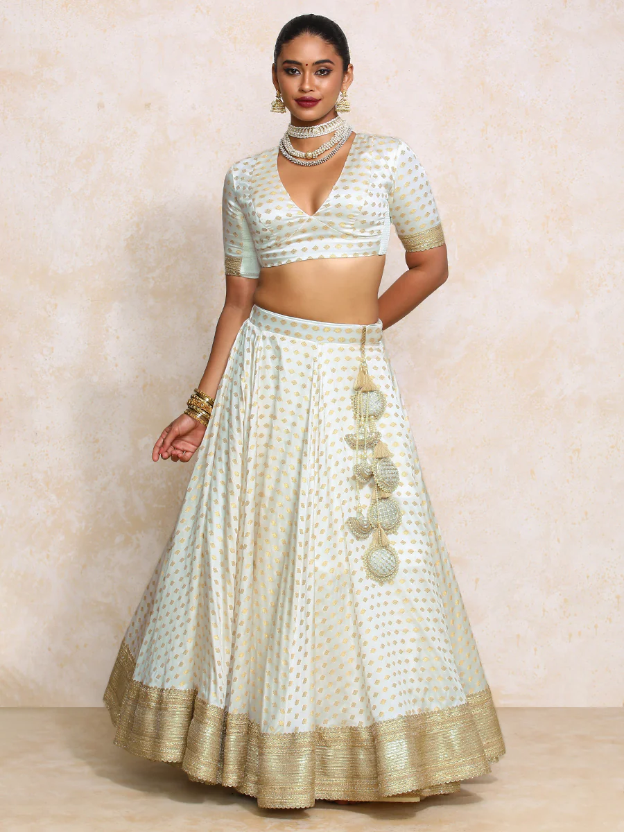 Saniya x Tyohaar | Cream Satin Viscose Butta FlareFit™ Lehenga Set with Dupatta - Image 7