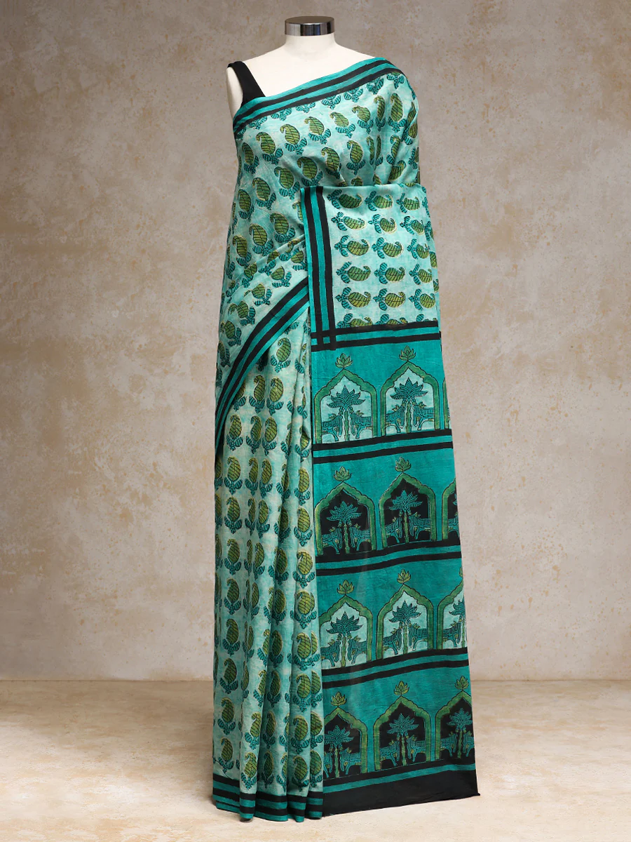 Aqua Blue Handblock Printed Ajrakh Mulmul Saree