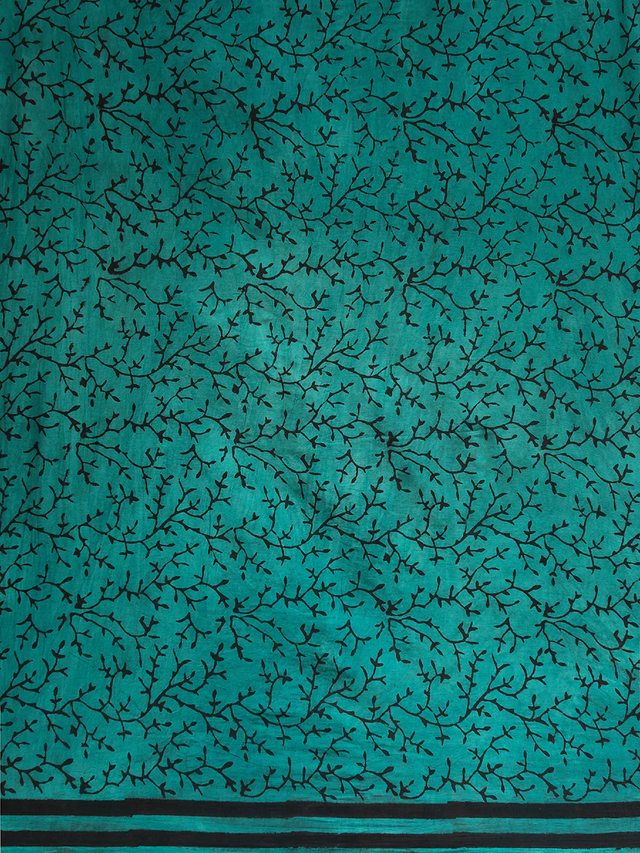 Aqua Blue Handblock Printed Ajrakh Mulmul Saree - Image 5