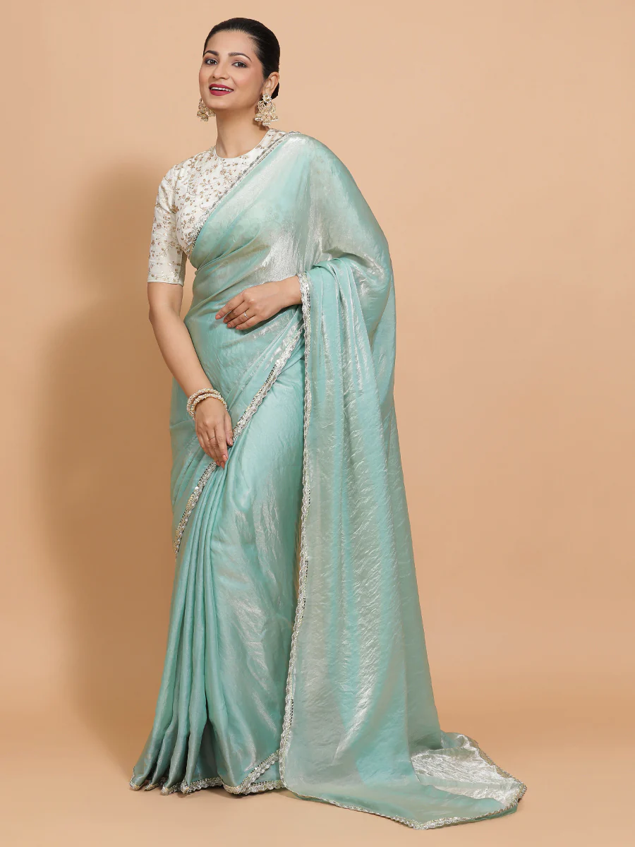 Sophia x Tyohaar | Aqua Sheen Tissue Saree with Ready-to-Wear Option - Image 10