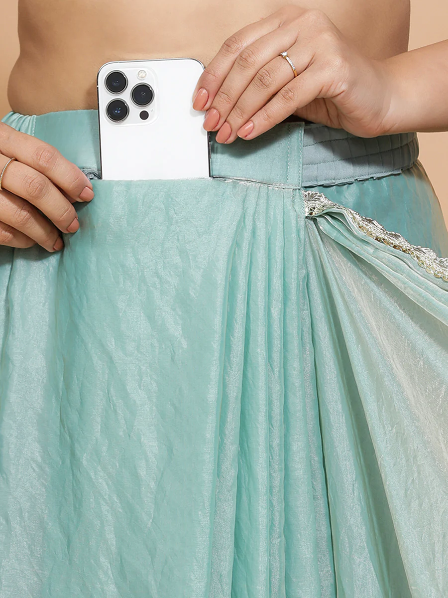 Sophia x Tyohaar | Aqua Sheen Tissue Saree with Ready-to-Wear Option - Image 4