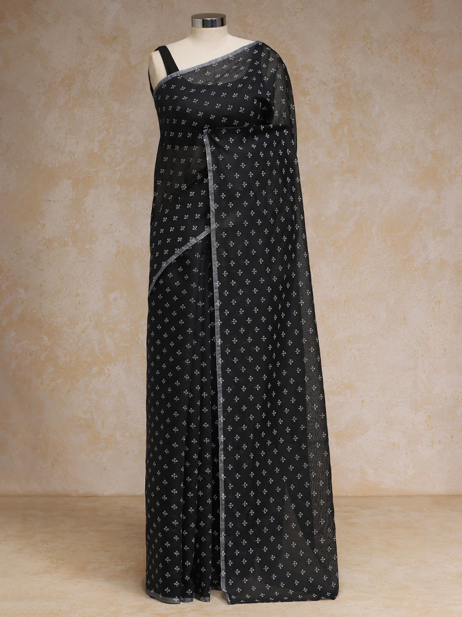 Black Cotton Saree With White Butti Print