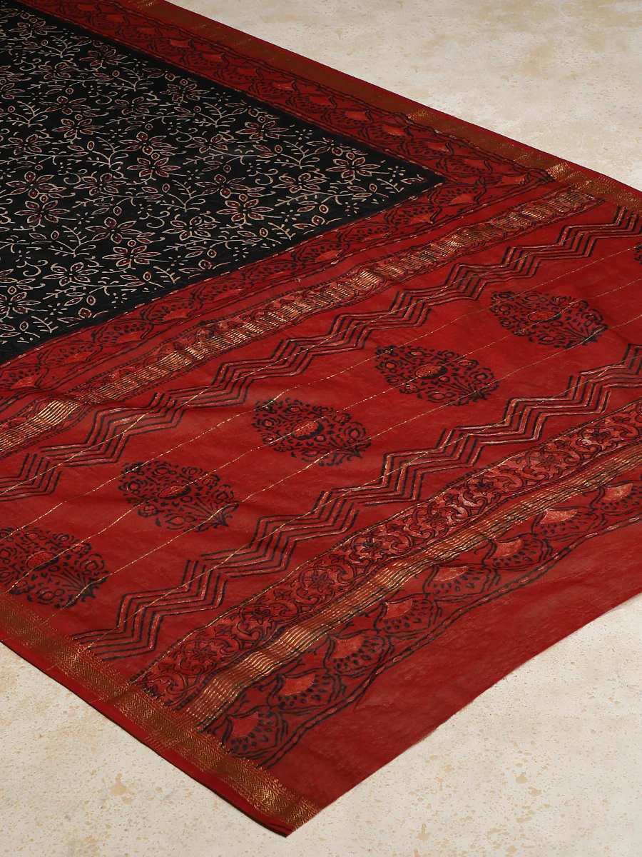 Black Floral Handblock Ajrakh Printed Maheshwari Cotton Silk Saree - Image 2