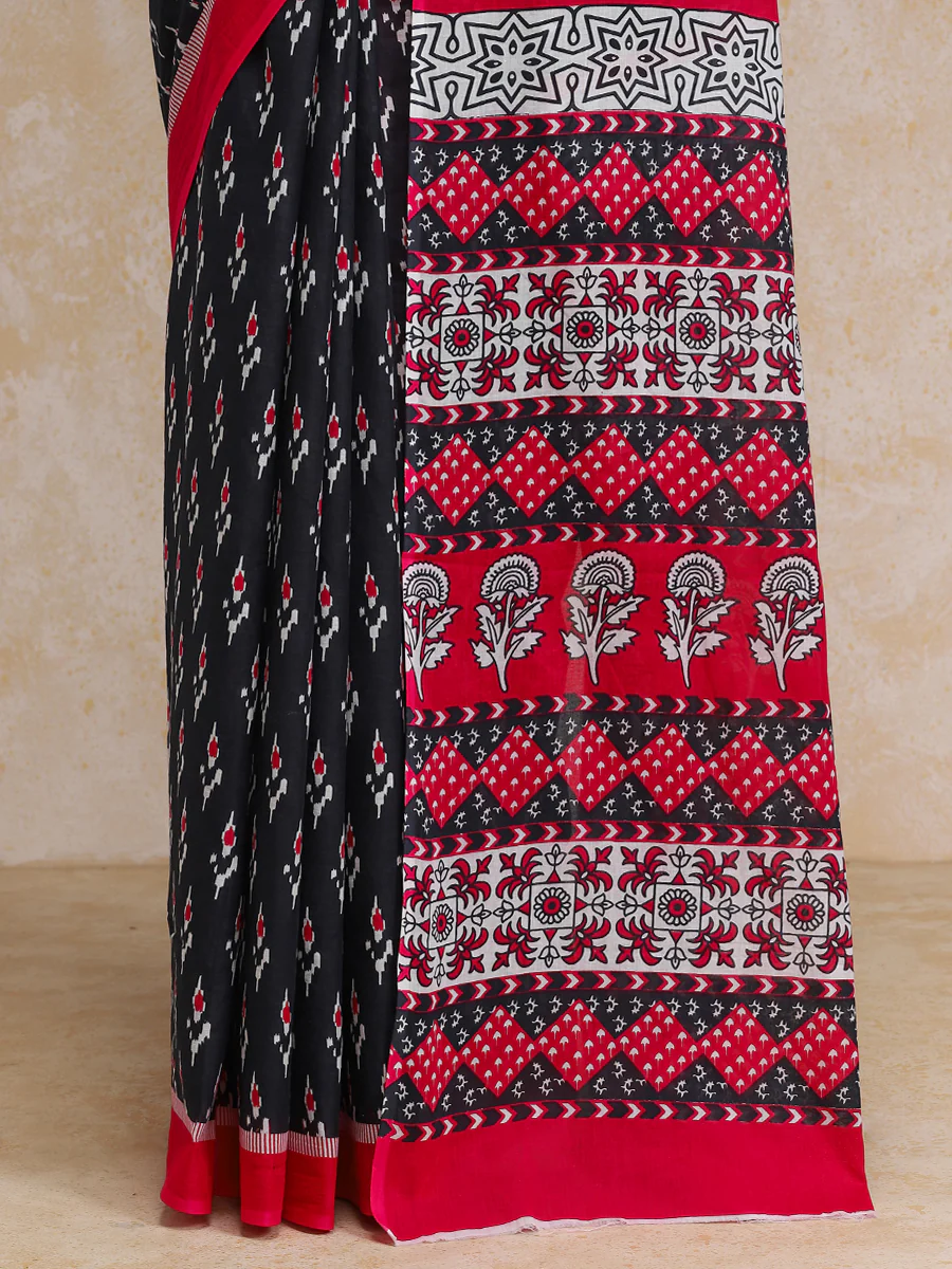 Black Ikat Print Cotton Saree With Red Border And Block Print Pallu - Image 4