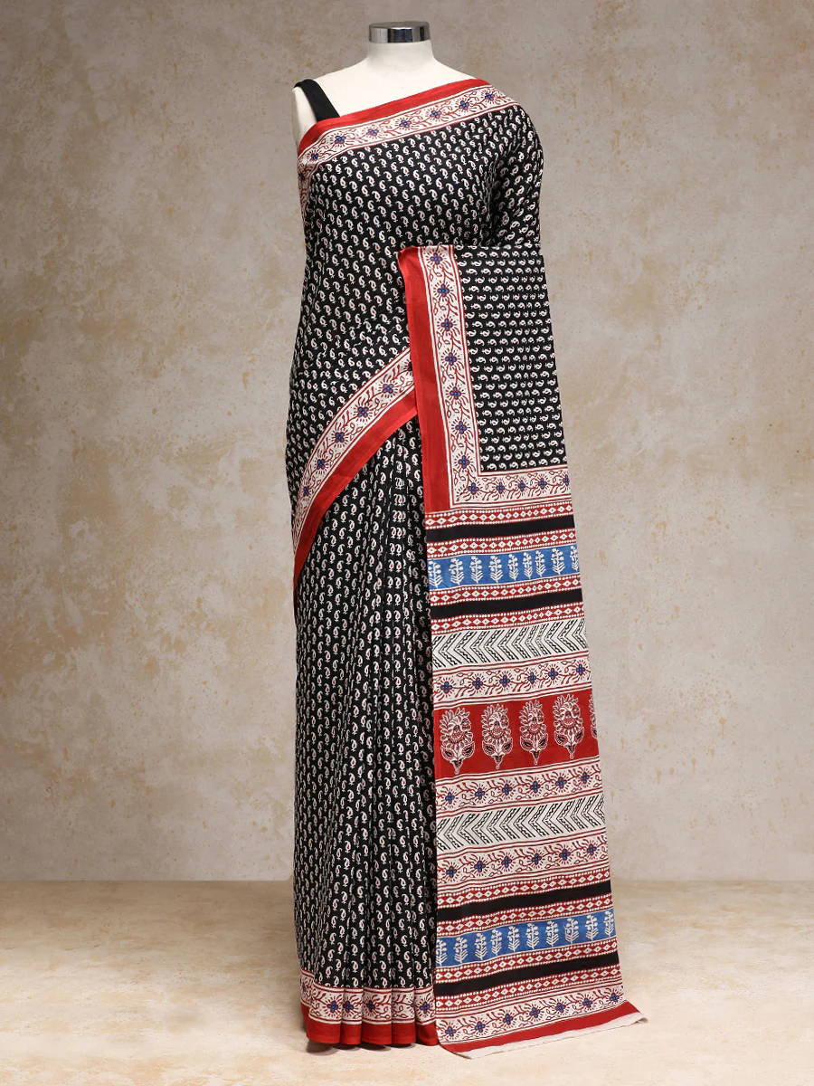 Black Paisley Handblock Printed Mulmul Saree