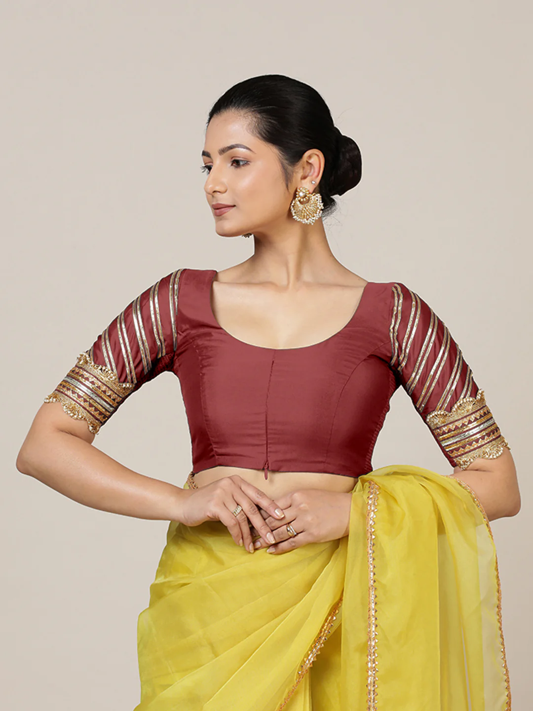 Anisha x Tyohaar | Elbow Sleeves Saree Blouse in Auburn Red - Image 7