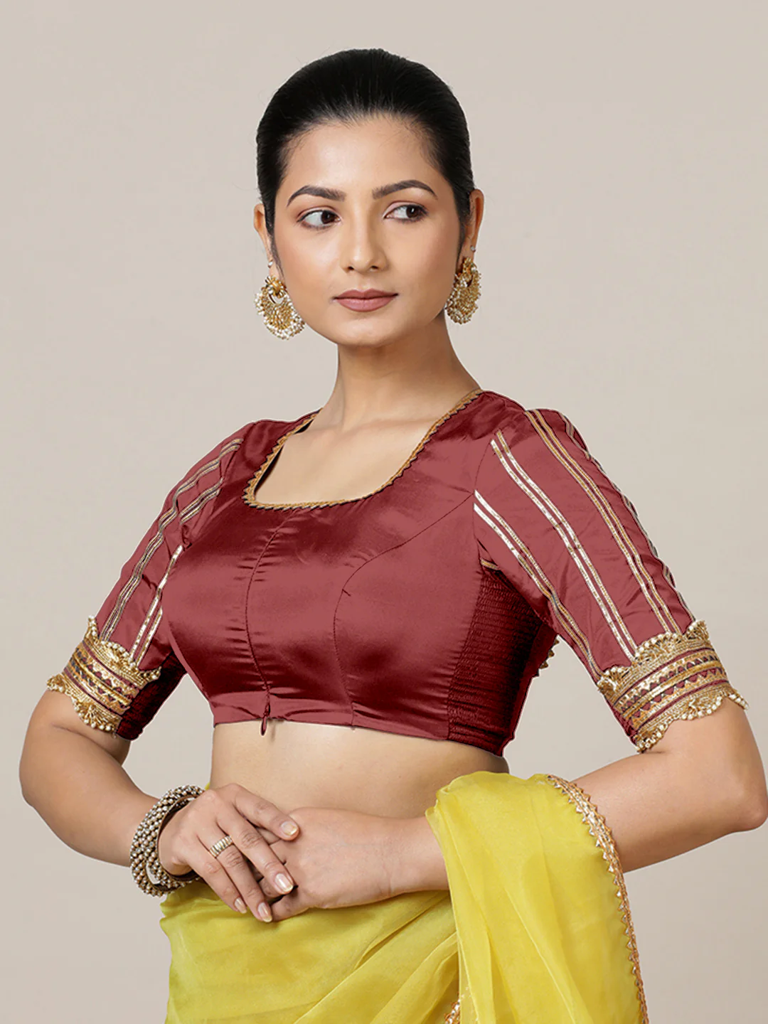 Aziza x Tyohaar | Elbow Sleeves Saree Blouse in Auburn Red - Image 10