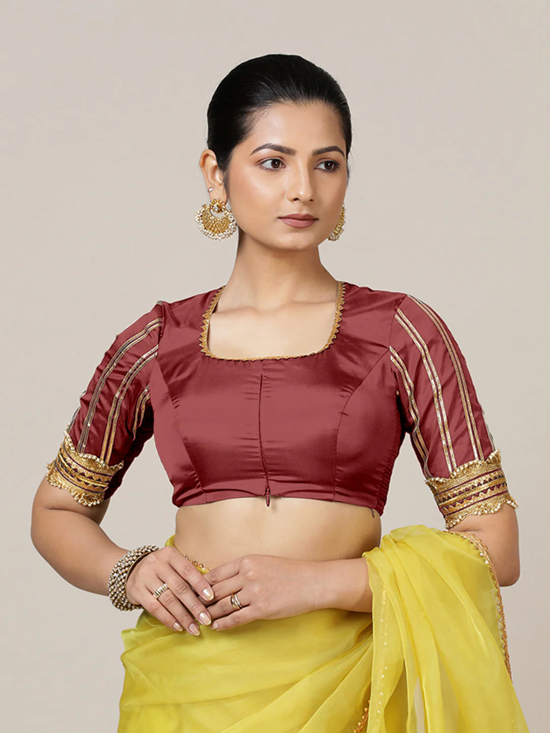 Aziza x Tyohaar | Elbow Sleeves Saree Blouse in Auburn Red - Image 2