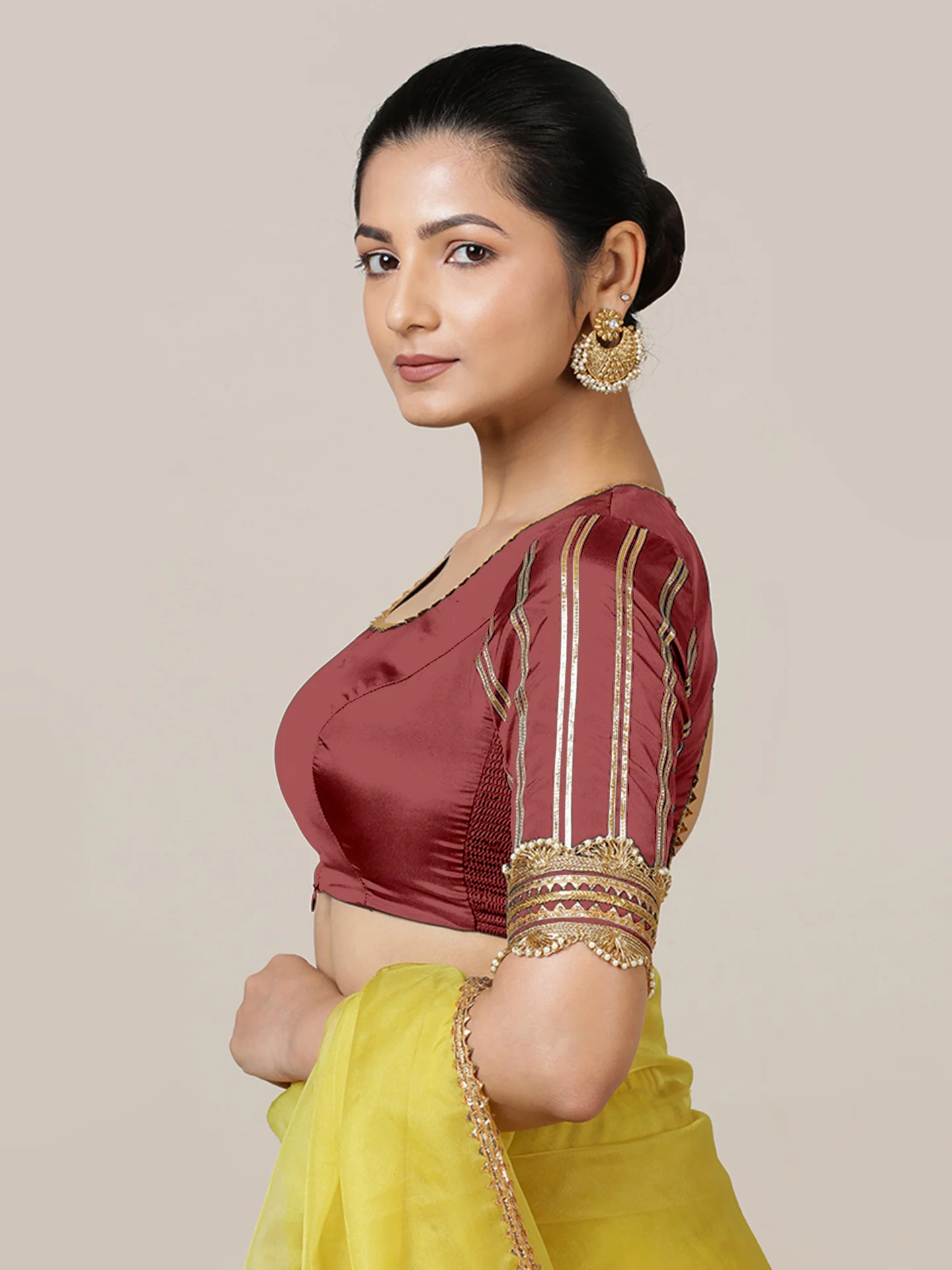 Aziza x Tyohaar | Elbow Sleeves Saree Blouse in Auburn Red - Image 3