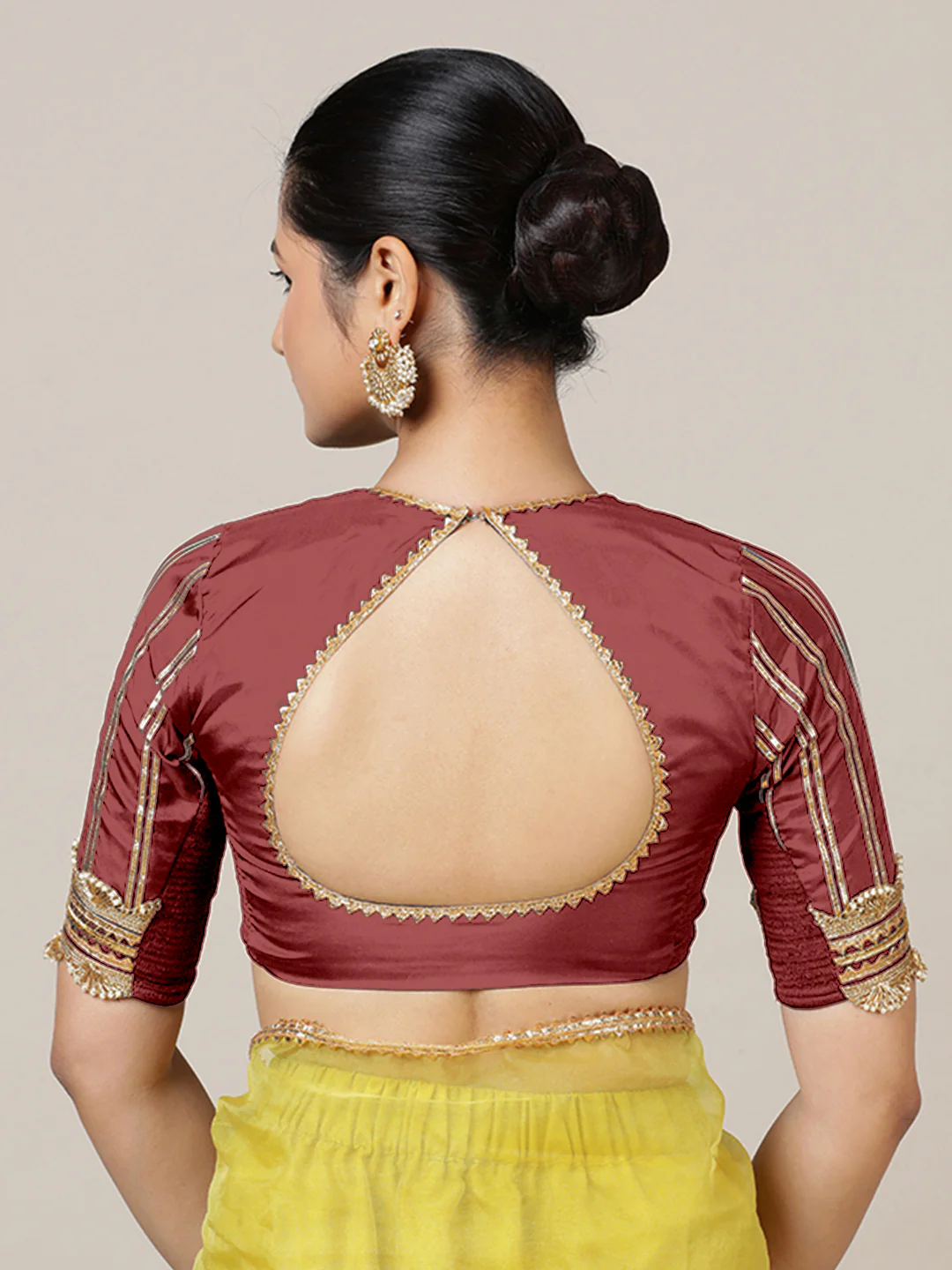 Aziza x Tyohaar | Elbow Sleeves Saree Blouse in Auburn Red - Image 4
