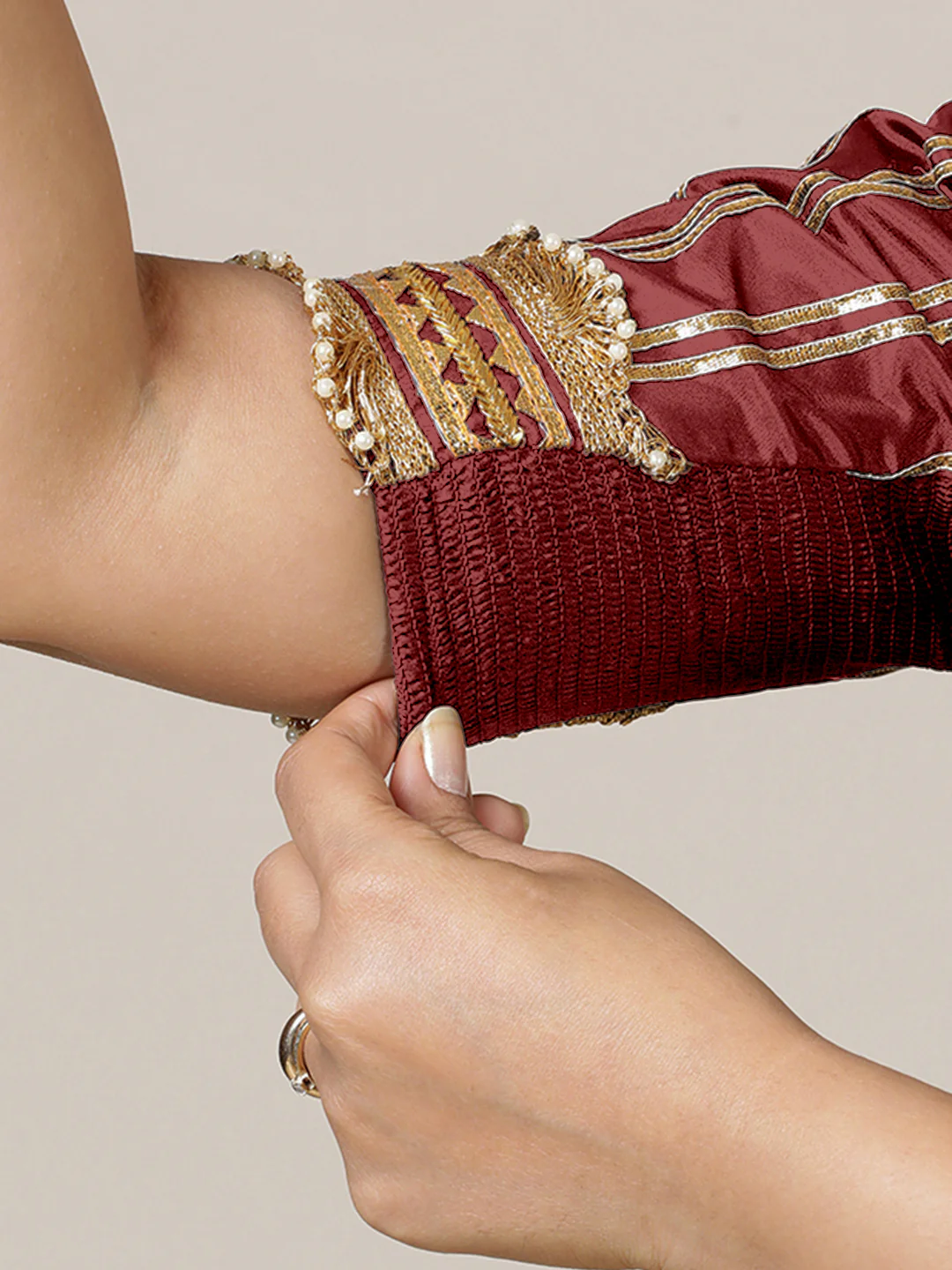 Aziza x Tyohaar | Elbow Sleeves Saree Blouse in Auburn Red - Image 7