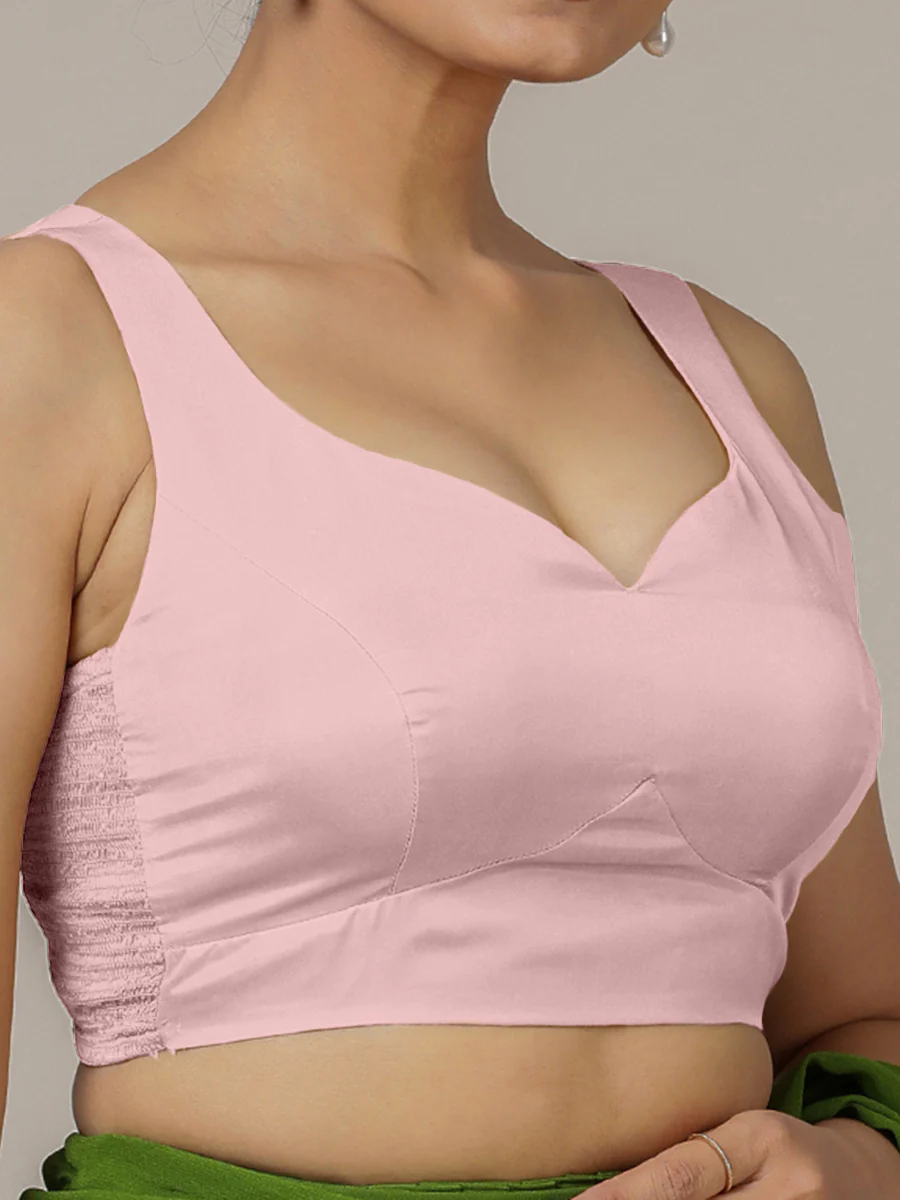Ishika x Rozaana | Sleeveless Baby Pink FlexiFit™ Saree Blouse with Sweetheart Neck - Image 4