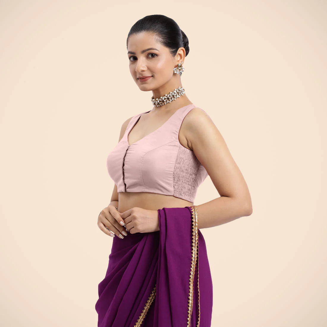 Nazia x Rozaana | Sleeveless Baby Pink FlexiFit™ Saree Blouse with Curved V-Neck - Image 7