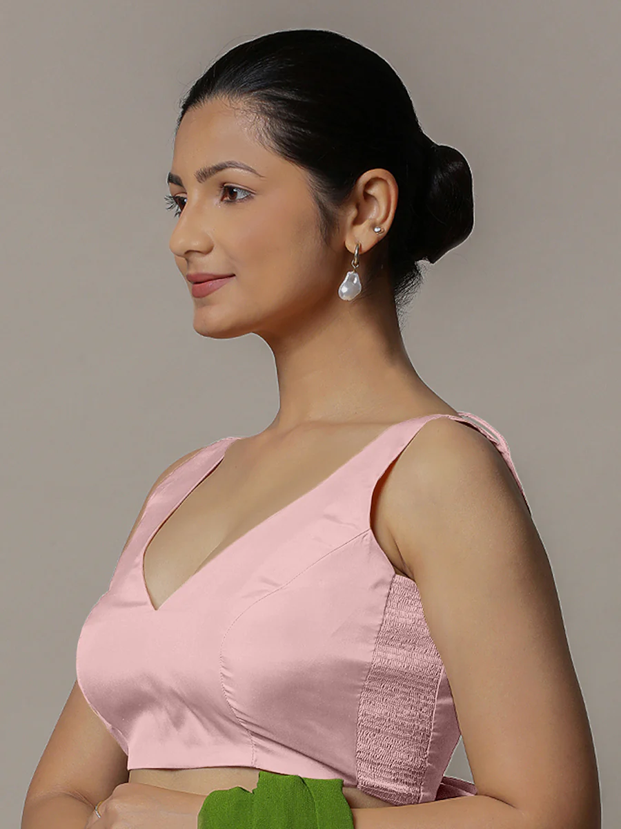 Raisa x Rozaana | Sleeveless Baby Pink FlexiFit™ Saree Blouse with Curved V-Neck