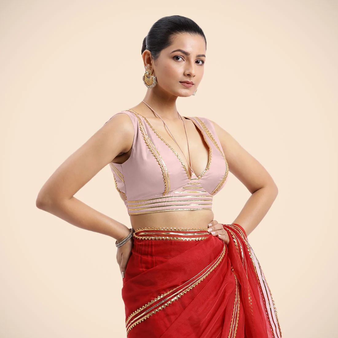 Ahana x Tyohaar | Sleeveless Baby Pink FlexiFit™ Gota Embellished Saree Blouse with Tie-Up Neck