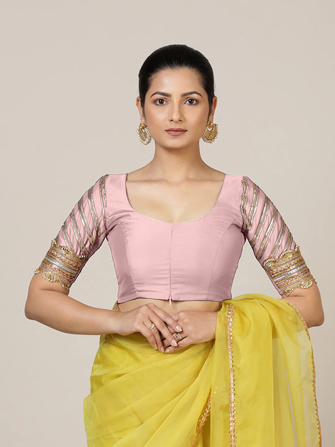 Anisha x Tyohaar | Elbow Sleeves Baby Pink FlexiFit™ Gota Embellished Saree Blouse with Round Neck - Image 9