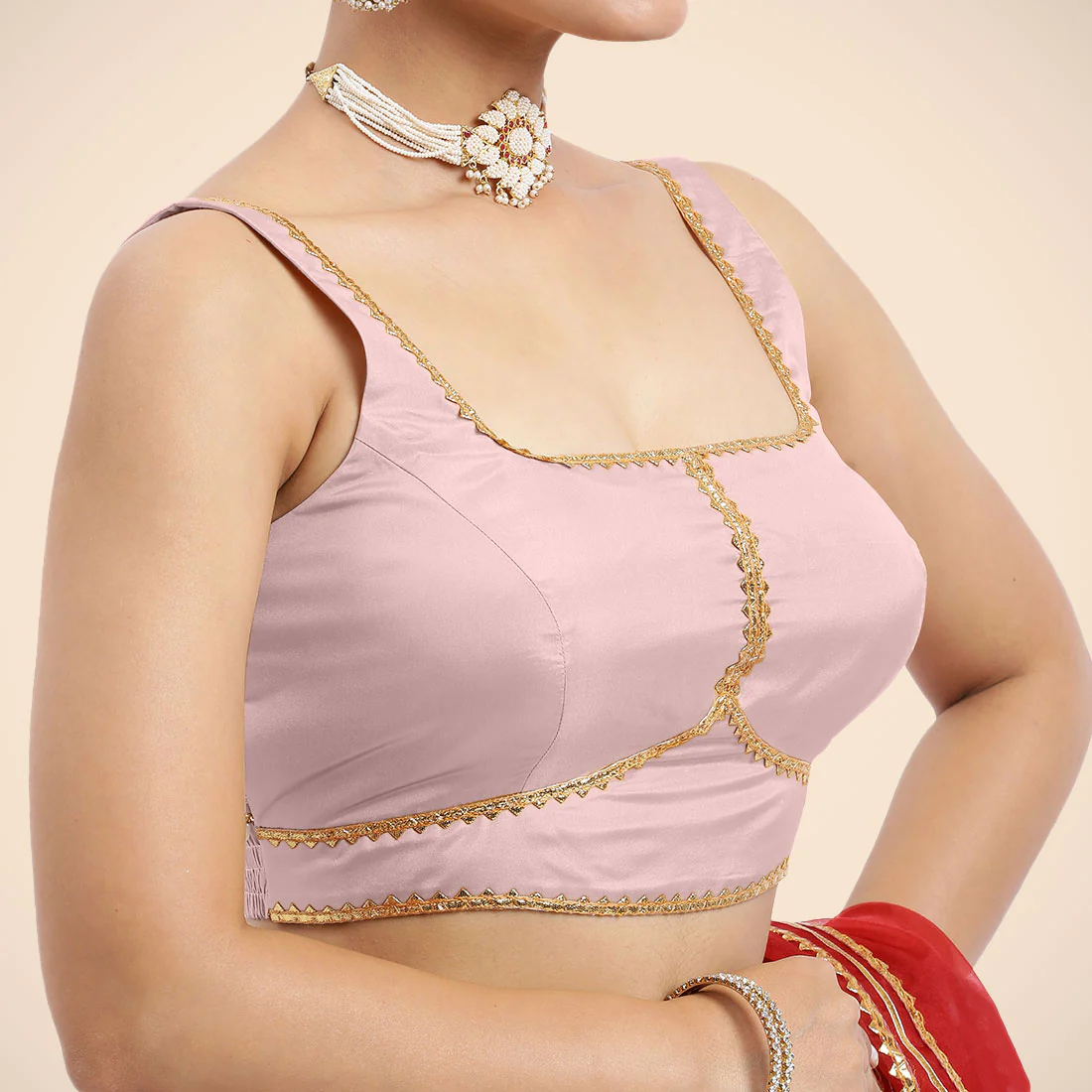Arya x Tyohaar | Sleeveless Baby Pink FlexiFit™ Gota Embellished Saree Blouse with Square Neck - Image 4