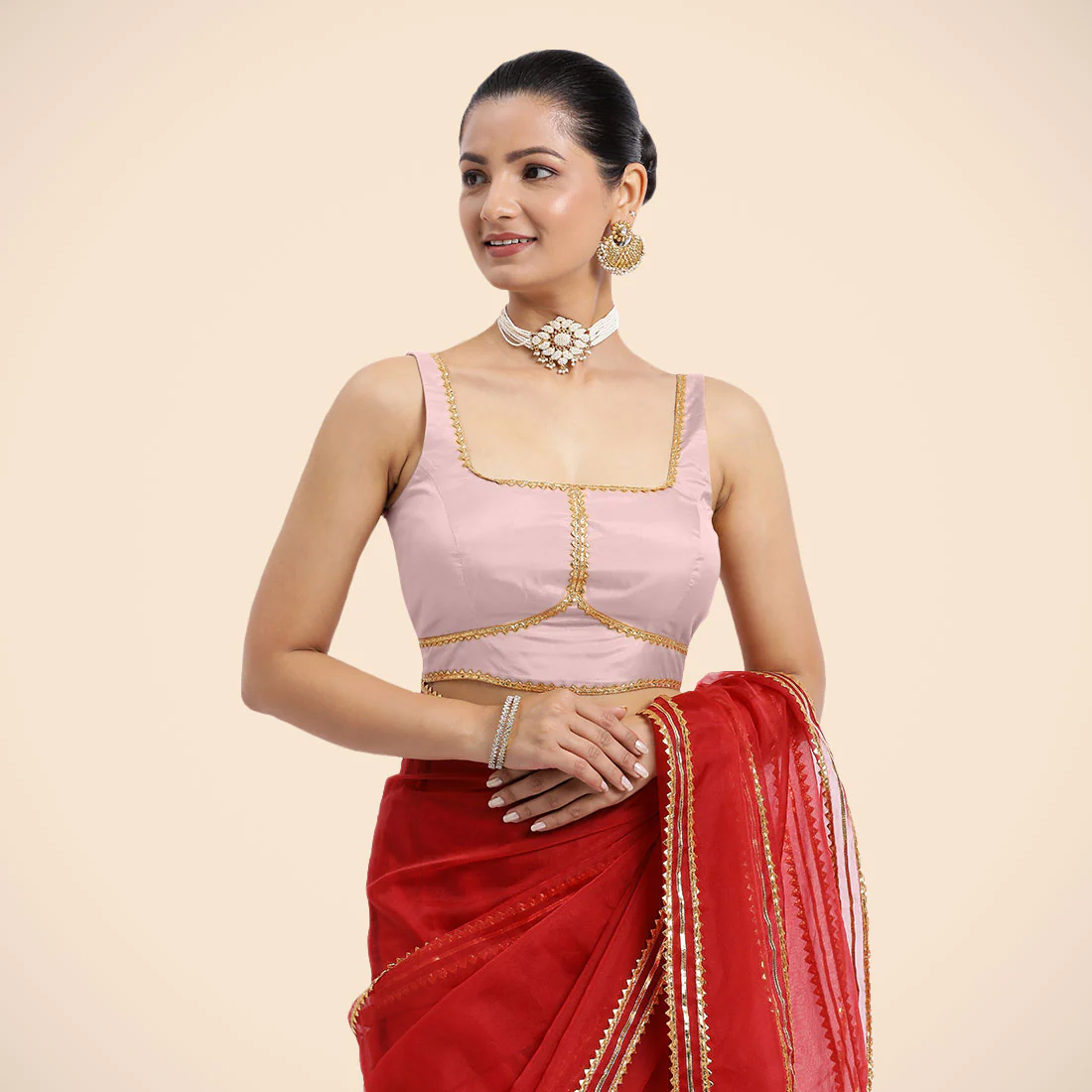 Arya x Tyohaar | Sleeveless Baby Pink FlexiFit™ Gota Embellished Saree Blouse with Square Neck - Image 8