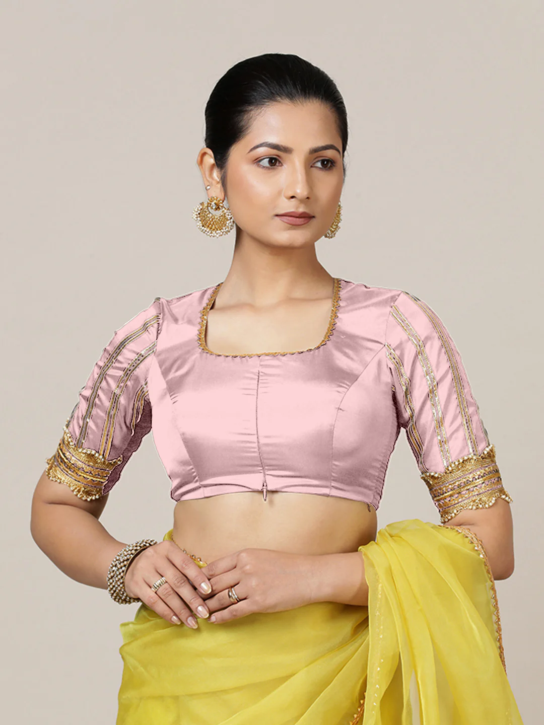 Aziza x Tyohaar | Elbow Sleeves Baby Pink FlexiFit™ Gota Embellished Saree Blouse with Square Neck