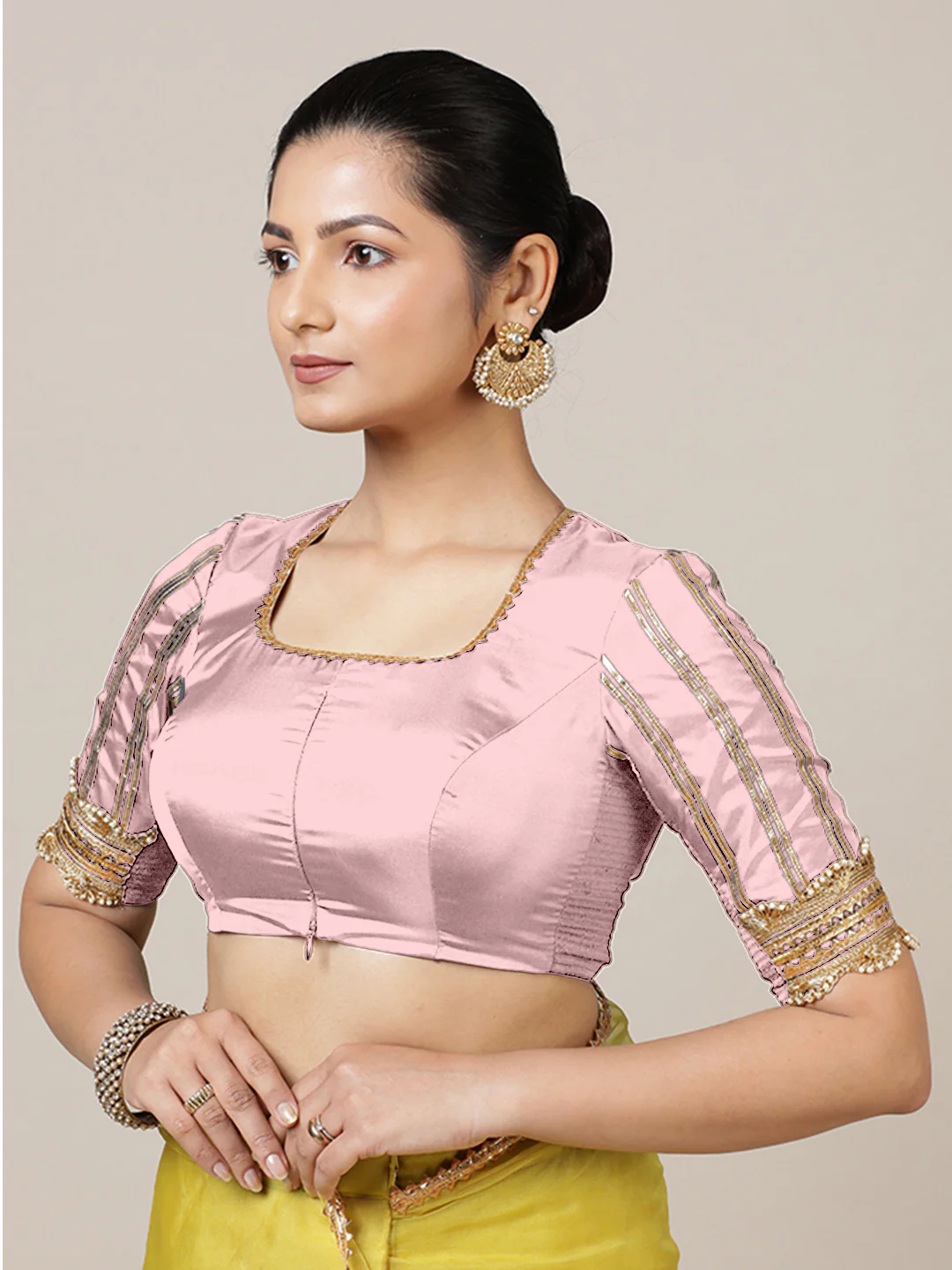 Aziza x Tyohaar | Elbow Sleeves Baby Pink FlexiFit™ Gota Embellished Saree Blouse with Square Neck - Image 10