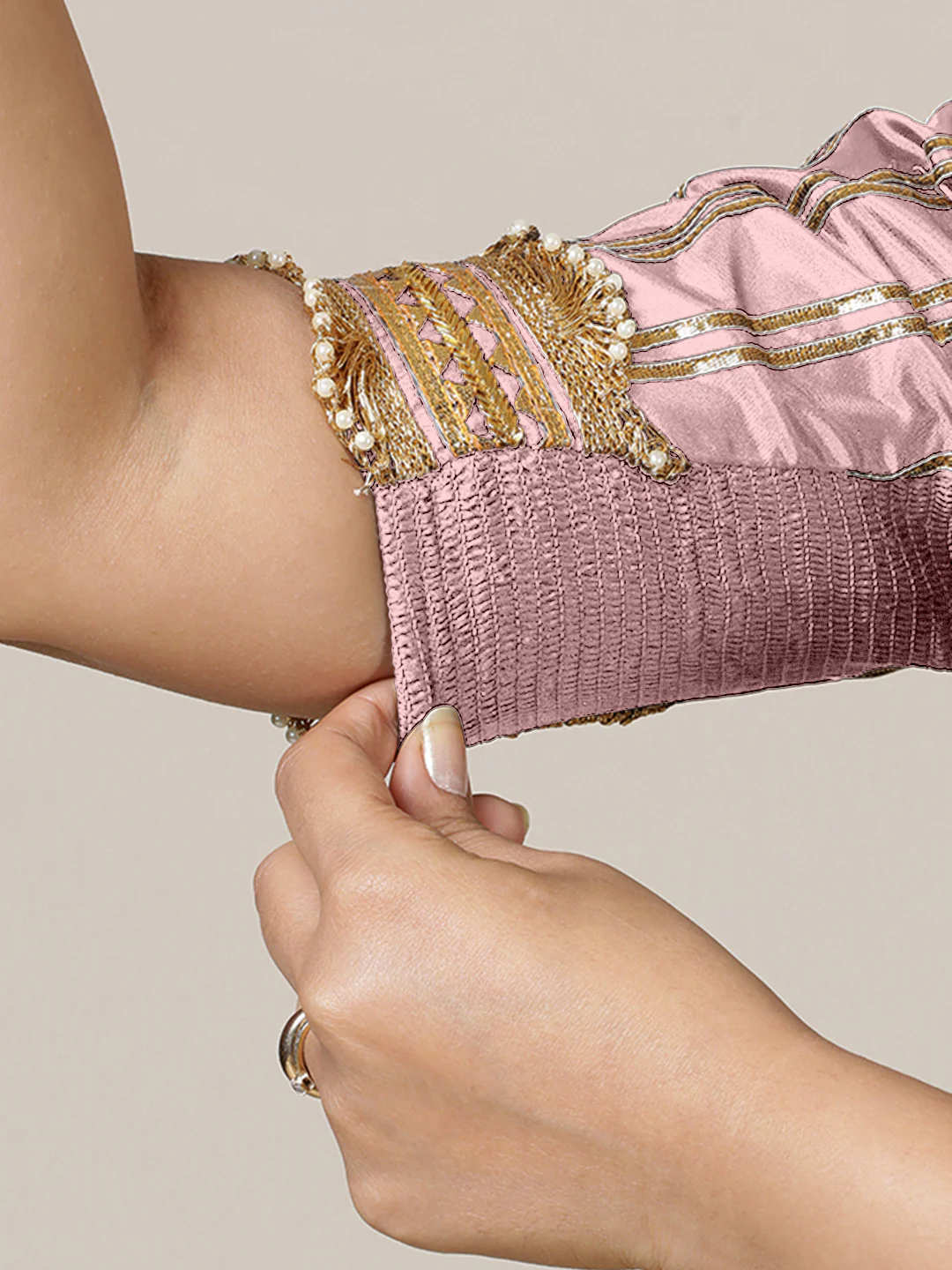 Aziza x Tyohaar | Elbow Sleeves Baby Pink FlexiFit™ Gota Embellished Saree Blouse with Square Neck - Image 5
