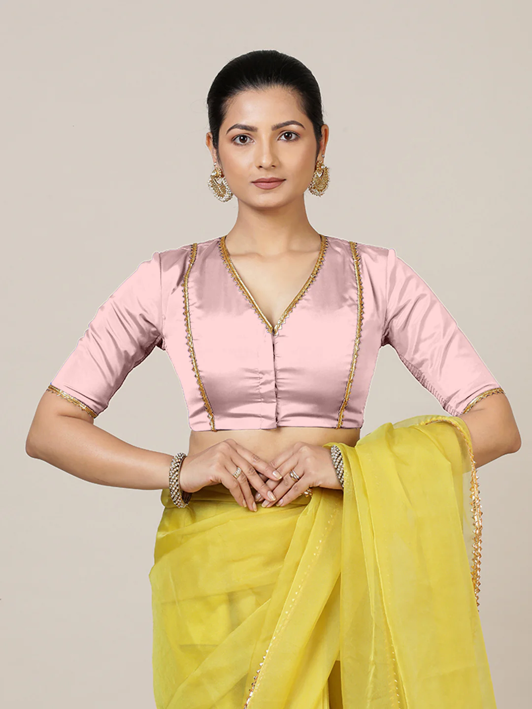 Begum x Tyohaar | Elbow Sleeves Baby Pink FlexiFit™ Gota Embellished Saree Blouse with V-Neck